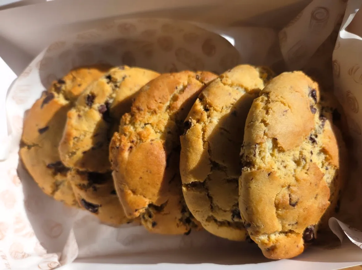 Chocolate chip cookies in a box lined with patterned paper, in the sunshine
